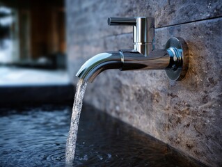 Water flows from a modern chrome faucet mounted on a tiled wall creating ripples in the dark basin