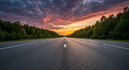 Driving on Open Road at Sunset with Vibrant Sky and Trees