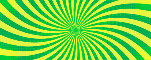 Pop art halftone background. Comic starburst pattern. Green sunburst effect. Cartoon banner with dots and rays. Vintage duotone texture. Vector illustration. Superhero banner. Gradient wow design. 