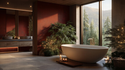 Spa-Like Haven: Luxurious bathroom featuring a freestanding bathtub, lush greenery, and a scenic view of a mountain landscape, offering a serene and relaxing atmosphere.