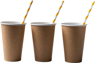 Disposable cardboard biodegradable cup on a white table with a straw.
