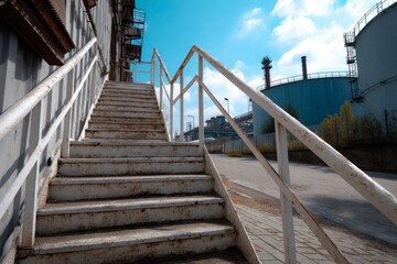 Weathered white staircase leading up past an industrial site with tanks  pipelines against a blue sky
