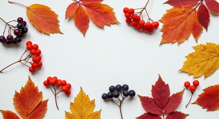 Autumn Leaves and Berries Arrangement on White Surface
