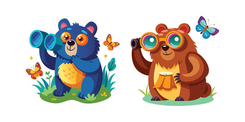 Curious Bear Peeking Through Binoculars Startled by Butterfly Cute Wildlife Vector Illustration for Kids and Nature Lovers