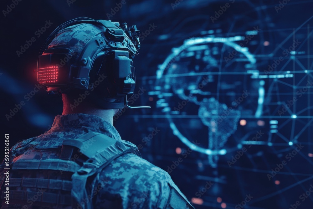 Aufkleber soldier using advanced technology to monitor global data in a high-tech command center