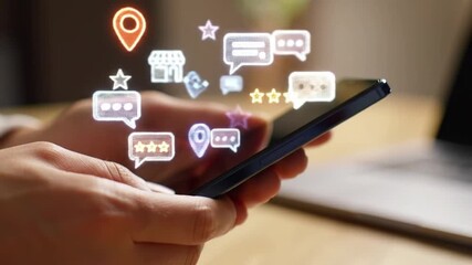 Customer Reviews Location Search on Mobile Phone Business, Navigation, Ratings, and Feedback on Smartphone Screen.