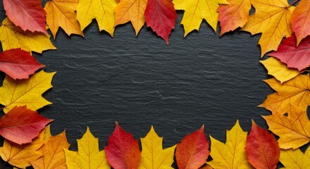 Colorful Autumn Leaves Bordering Dark Stone Background