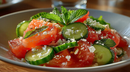 Fresh Salad on the Plate: A vibrant close-up showcases a refreshing salad. It is adorned with juicy tomatoes, crisp cucumber slices, crumbled cheese, and fresh mint, a visual delight.