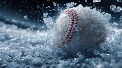 baseball hit by a bat surrounded by shattering ice crystals and frozen mist