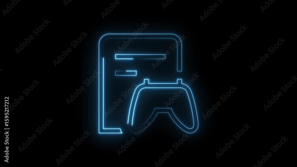 Poster glowing blue neon icon representing gaming controller and document or list symbol on a black backgro