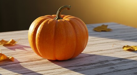 Pumpkin on Wood Table with Autumn Leaves in Sunlight