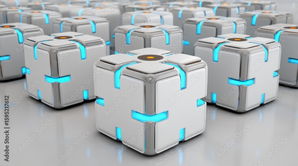 Poster Futuristic white cubes with glowing blue lines are arranged in a grid on a reflective surface, evoking advanced technology or robotics concepts, AI computer as a modular cube
