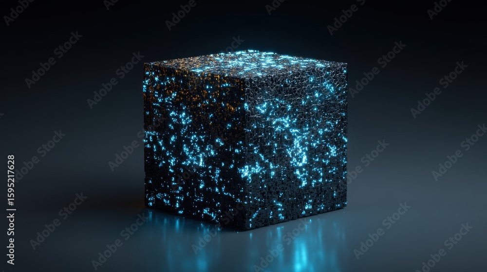 Poster a glowing, futuristic black cube with blue illuminated circuits and particles, set against a dark re