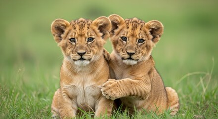 Obraz premium Adorable lion cubs pose together in grassy meadow