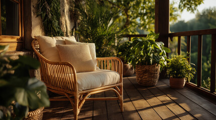 Obraz premium Tranquil Veranda Retreat: A cozy rattan chair adorned with soft pillows sits invitingly on a wooden veranda, surrounded by lush plants and bathed in the warm glow of natural light.