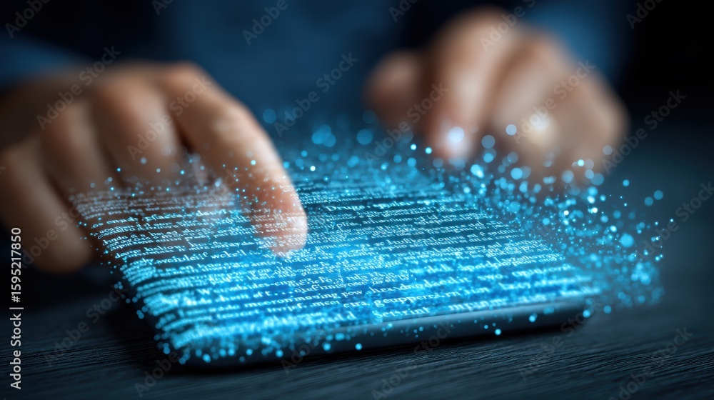 Poster a person interacts with a futuristic digital interface projecting streams of glowing data and code f