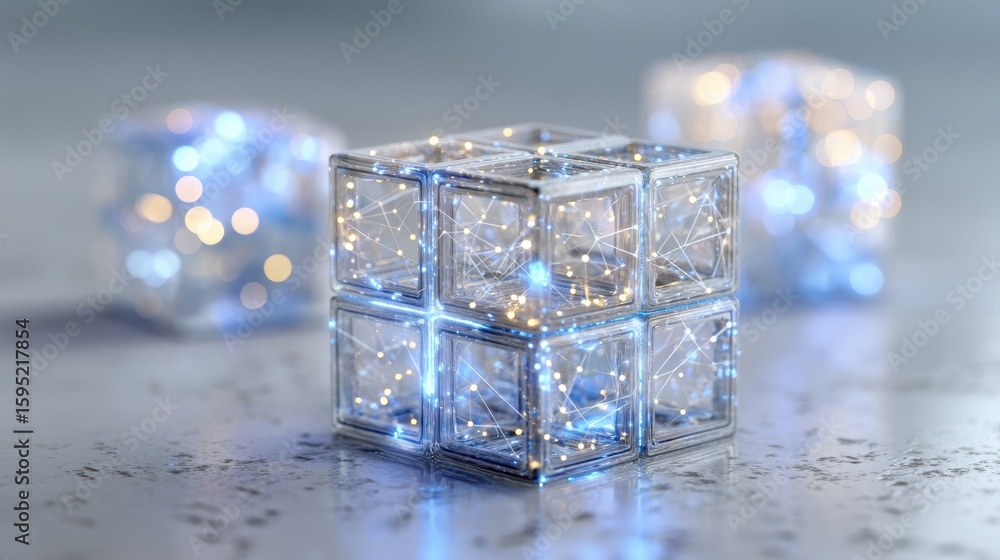 Poster transparent cubes with glowing blue nodes and connecting lines, symbolizing digital or network techn