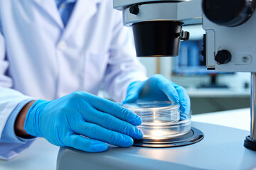 Photo of a scientists gloved hands place a petri dish onto a microscope stage for examination