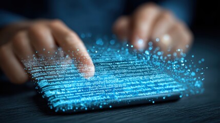 A person interacts with a futuristic digital interface projecting streams of glowing data and code from a touchscreen device, AI with human interaction