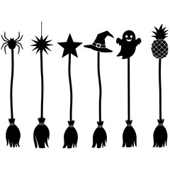 A vector illustration of witch's brooma set of black silhouettes