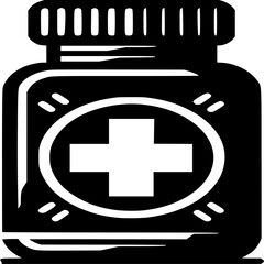 Obraz premium Medicine Bottle: A stylized graphic of a medicine bottle, featuring a prominent cross symbol, symbolizing health and well-being, in a minimalist, yet informative, illustrative format.