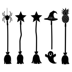 A vector illustration of witch's brooma set of black silhouettes