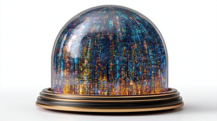 A futuristic digital globe with multicolored data streams encased in a glass dome with a golden base, symbolizing data visualization and advanced technology, AI computer case in a glass dome