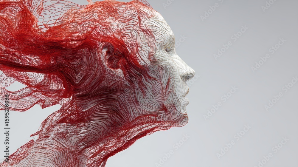 Poster a digital art piece showing a human face composed of interwoven red lines, blending abstract and ana