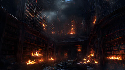An abandoned library where bookshelves shift on their own, revealing glowing sigils.