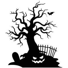 Black vector tree silhouette illustration with roots, perfect for nature or Halloween art