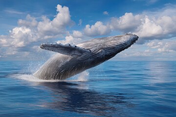 Fototapeta premium Majestic humpback whale breaching out of the ocean water under a blue sky with clouds