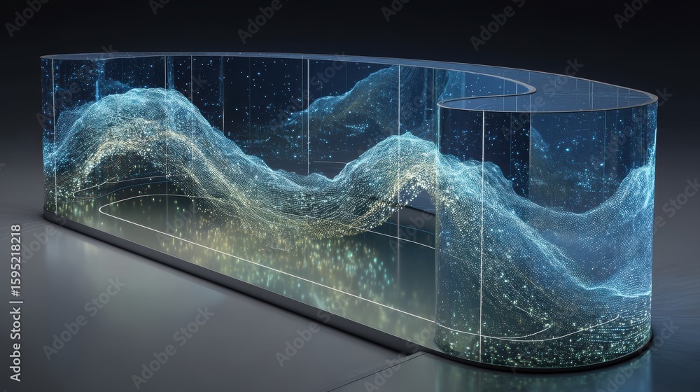 Poster a futuristic digital art installation features flowing blue and white particles on transparent curve