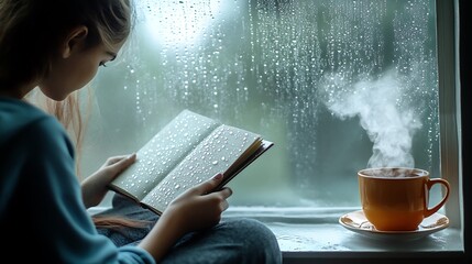 A rainy day setting with a student reading near a window. Raindrops streak down the glass, and a steaming cup of tea rests on the windowsill.