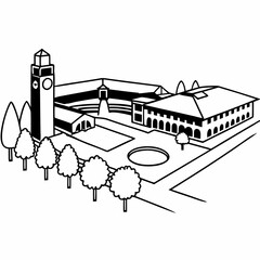 Line art of a university campus with lecture hall, clock tower, and courtyard in technical architectural style