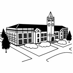 Line art of a university campus with lecture hall, clock tower, and courtyard in technical architectural style