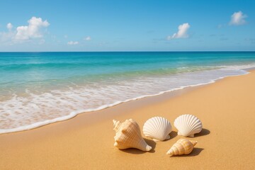 Pristine tropical beach landscape with golden sand dunes, scattered seashells, and crystal-clear turquoise water under blue sky