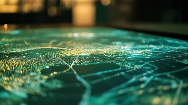 Digital map with illuminated lines and points displaying network