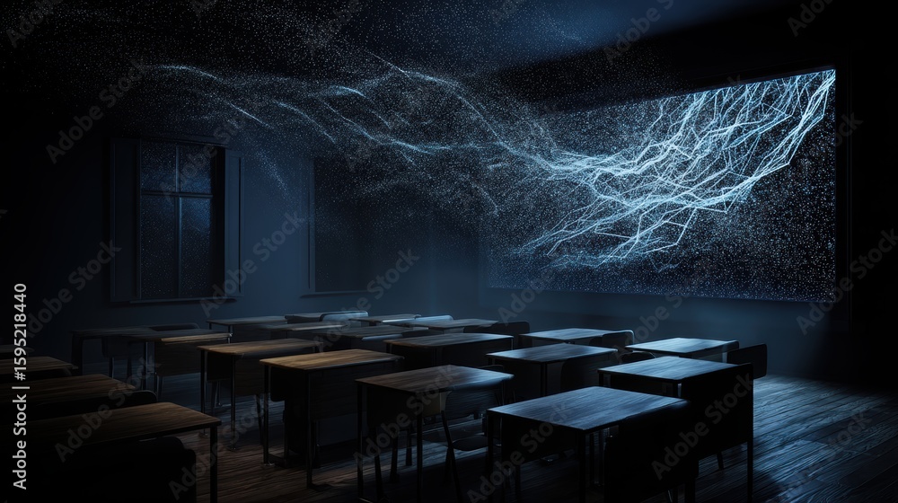 Poster dark classroom with empty desks illuminated by a glowing screen projecting intricate, flowing light 