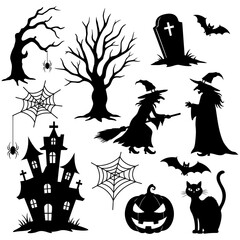 Spooky Halloween vector set illustrations of pumpkins, bats, black cats, and witches' hats, perfect for night celebration designs