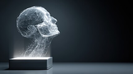 A glowing digital wireframe skull hovers above a base, symbolizing futuristic technology and 3D modeling in a dark, minimalistic environment, Holographic AI