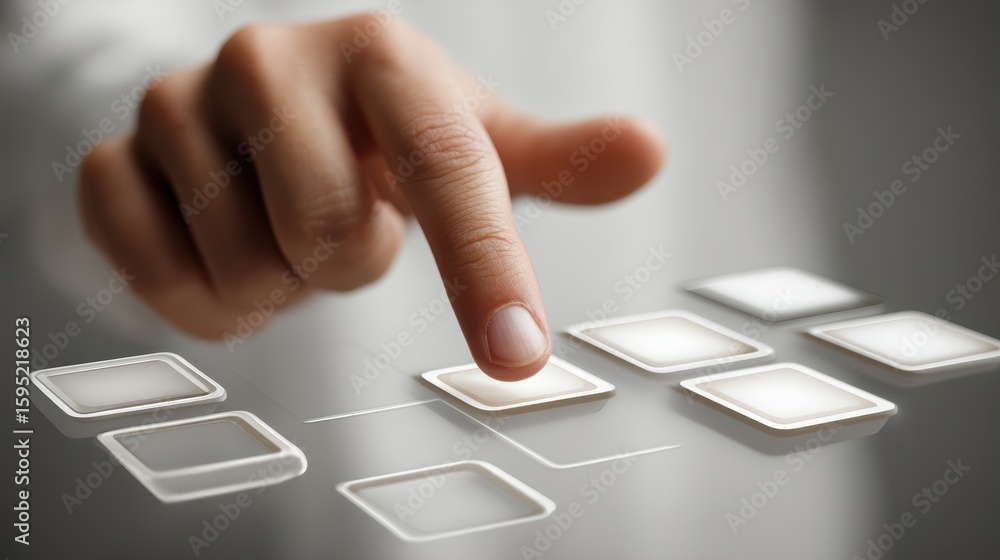 Poster a hand interacts with a futuristic digital touchscreen interface, selecting options from floating il