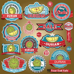 Vintage food poster design with durian character label set