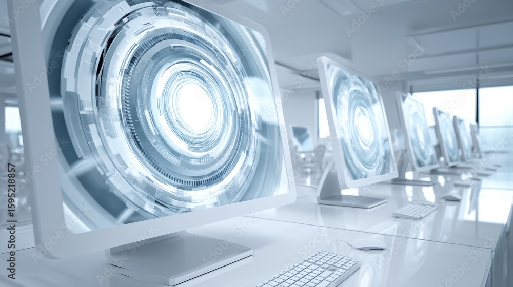 Poster futuristic office with sleek computer monitors displaying glowing circular digital interfaces in a c