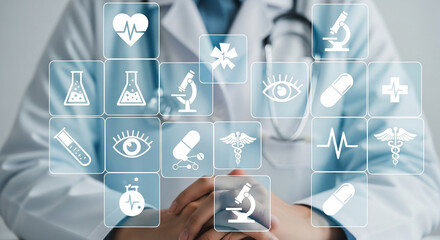 A medical professional in a white coat displays a grid of digital icons representing various aspects of healthcare, including heartbeat, microscope, and medical symbols