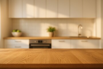 Rustic wooden kitchen table surface with soft-focus culinary background and natural window lighting