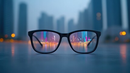 Cityscape reflected in glasses against blurry urban skyline at dusk