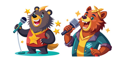 Cute Bear Singing Into Hairbrush Like a Pop Star, Fun Cartoon Vector Design, Charming Animal Music Illustration, Playful Bear Performance Artwork