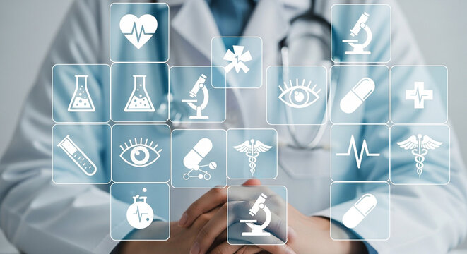 A medical professional in a white coat displays a grid of digital icons representing various aspects of healthcare, including heartbeat, microscope, and medical symbols - Powered by Adobe
