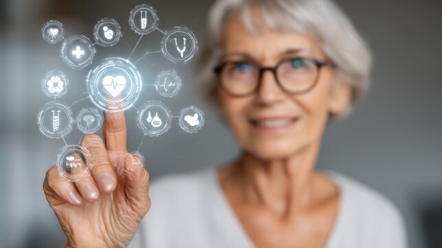 A senior woman with glasses interacts with a virtual touchscreen displaying medical and healthcare icons, AI with human interaction with simplified UI