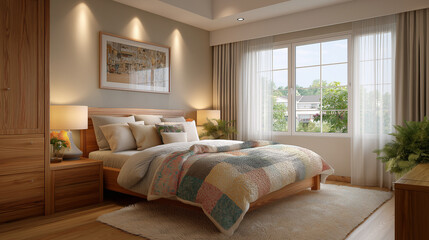 Serene Bedroom Interior: A sunlit bedroom radiates warmth, inviting relaxation with its plush bedding, tasteful decor, and scenic views of the outdoors.